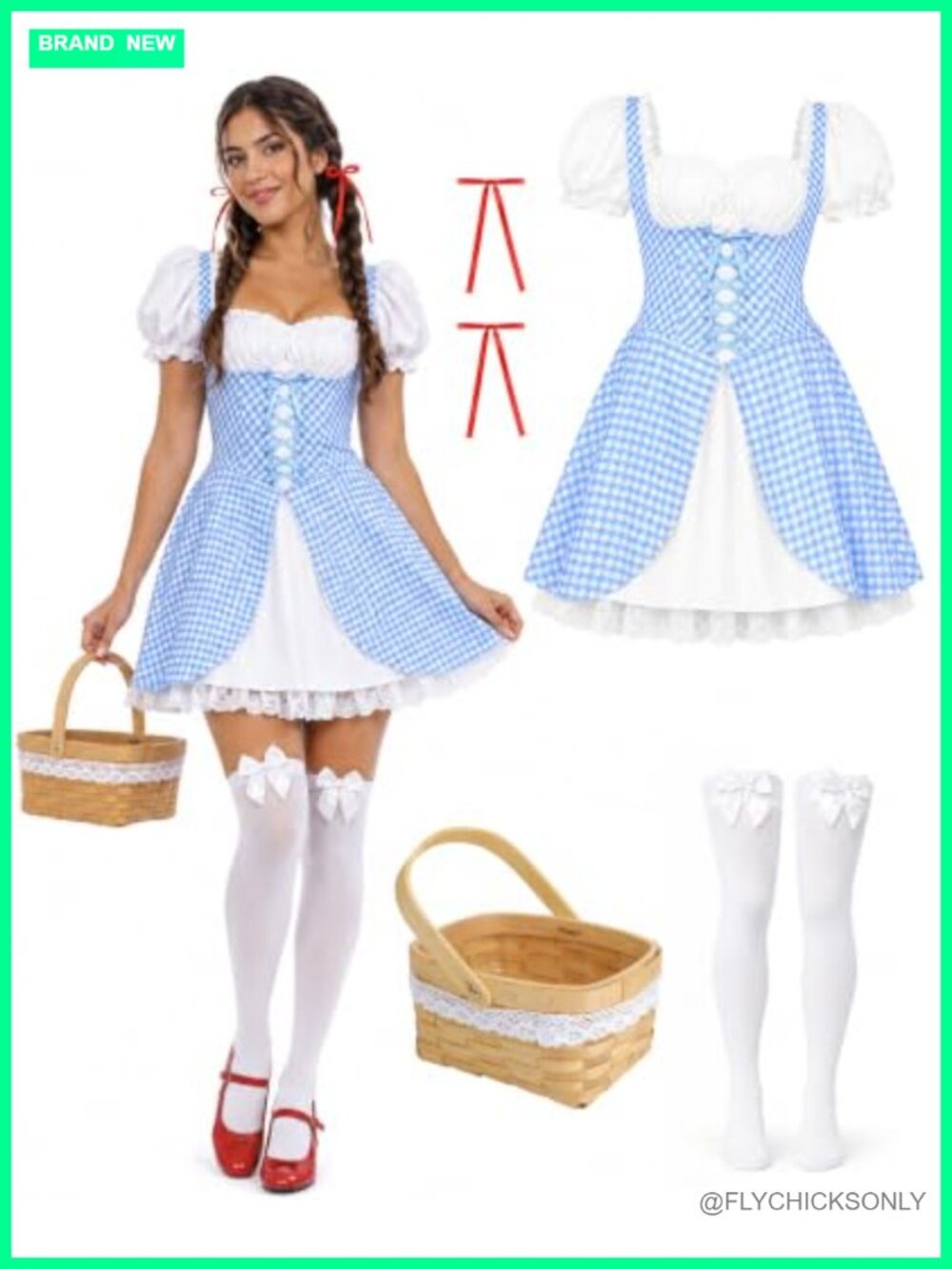 Blue Gingham Costume Dress Set for Women with Basket, Hair Bows, Knee-High Socks